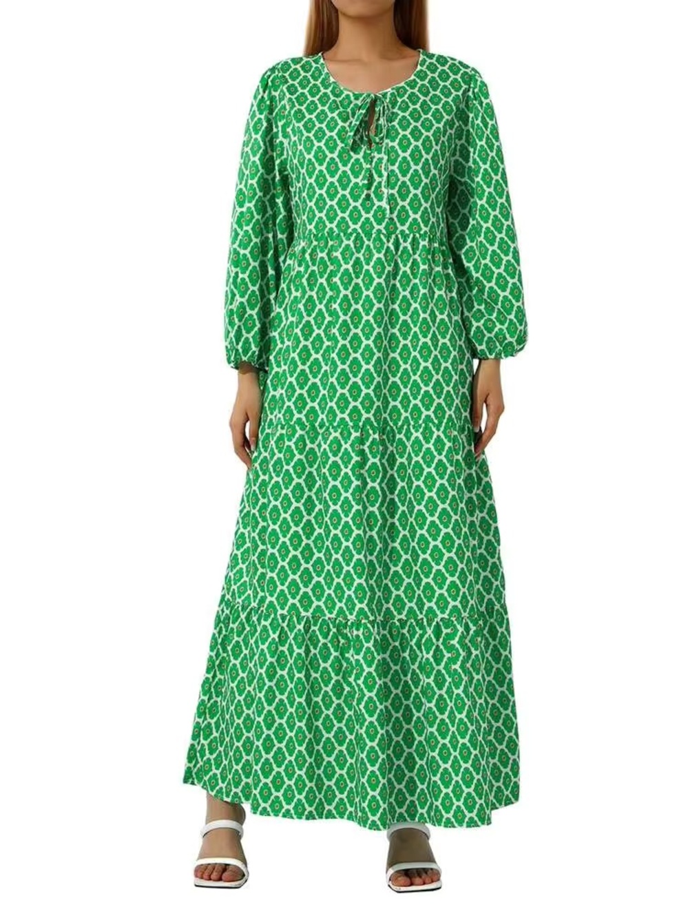 Boho Green & White Geometric Print Half-Sleeve Tiered Maxi Dress - Picture 3 of 14